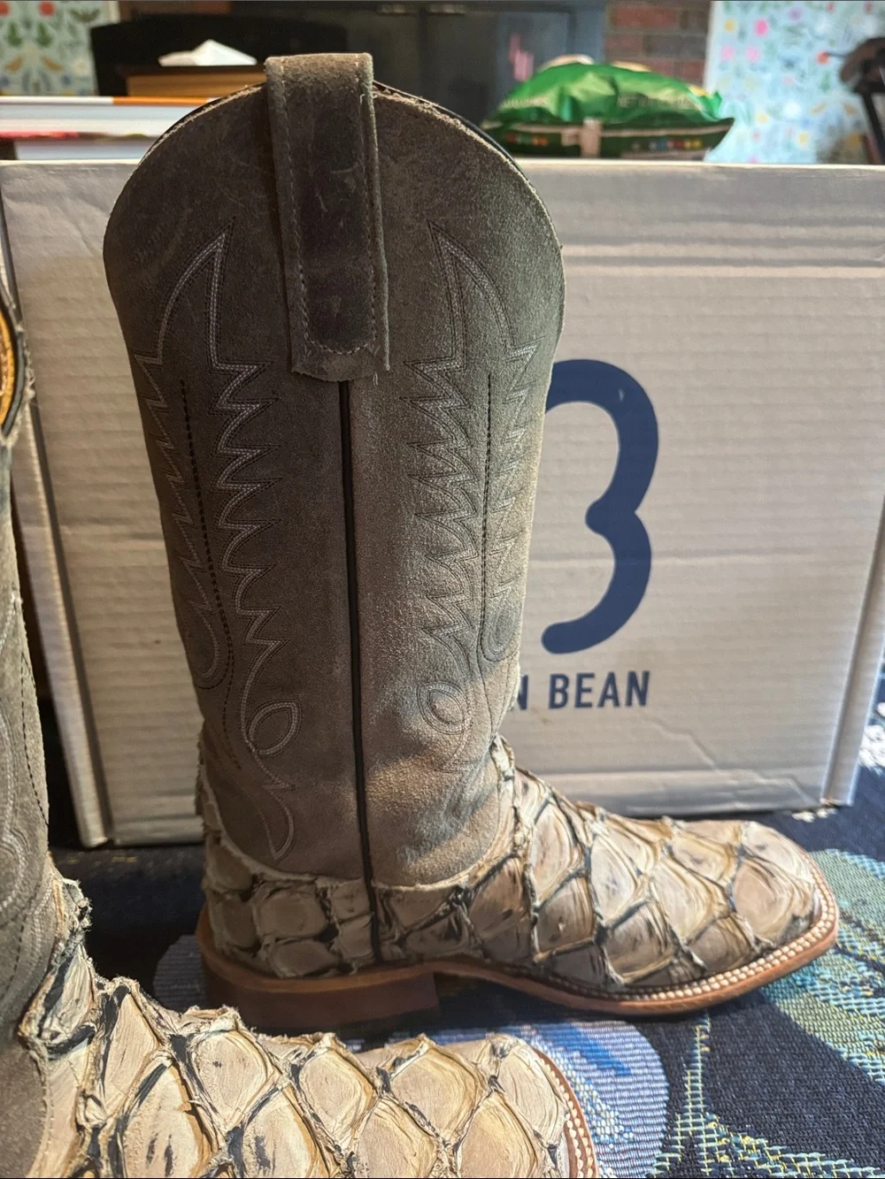 Anderson Bean Big Bass Boots Men's 9C Suede Wide Square Toe Exotic arapaima fish